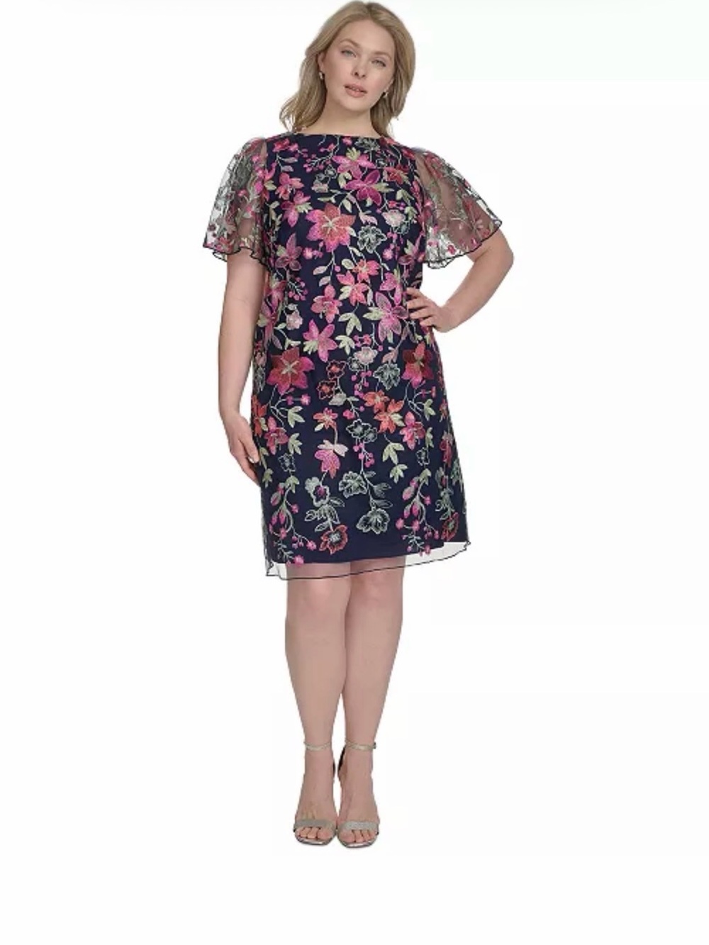 Jessica Howard Plus Size Floral Embroidered Flutter-Sleeve Dress